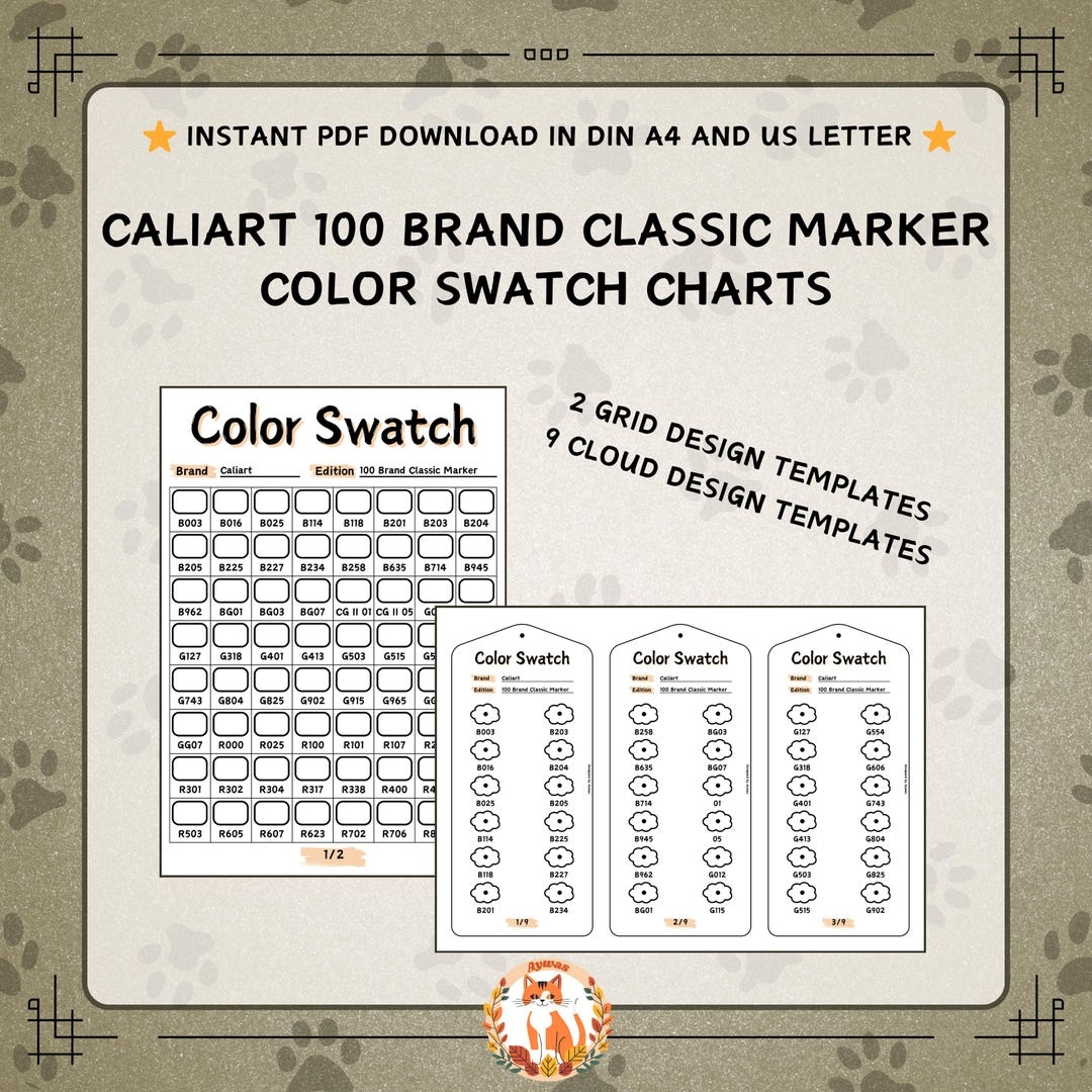 Caliart 100 Brand Classic Marker Color Swatch Chart Cloud Grid Designs Printable PDF DIN A4 US Letter Sizes Instant Download Etsy de