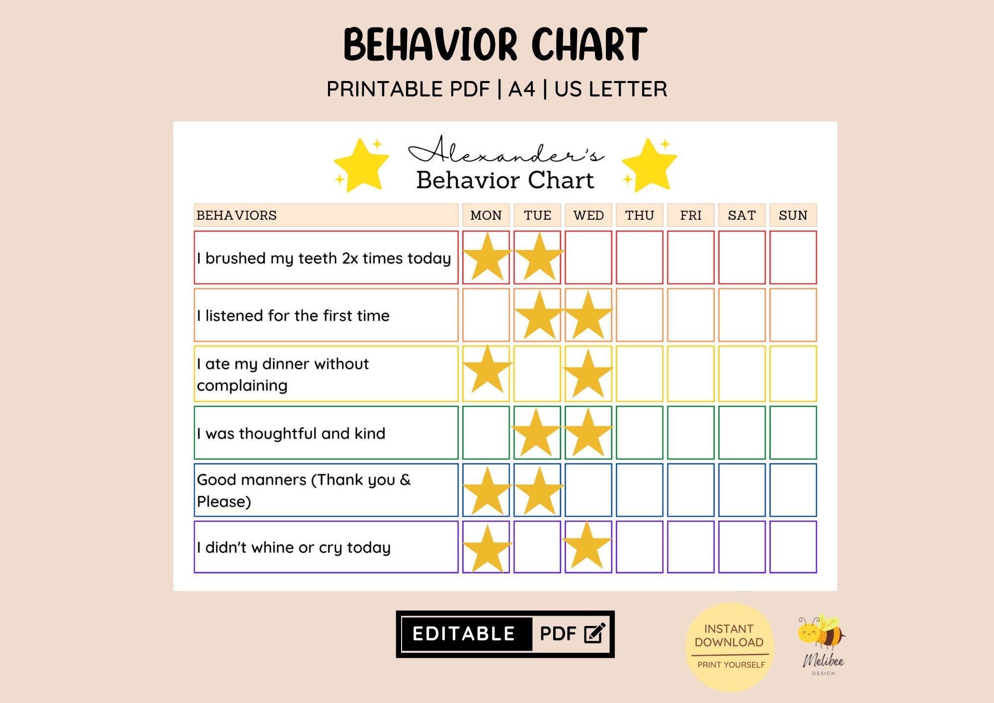 EDITABLE Kid s Behavior Chart Printable Chart Sticker Chart Behavior Management Toddler Behavior PDF Template Etsy