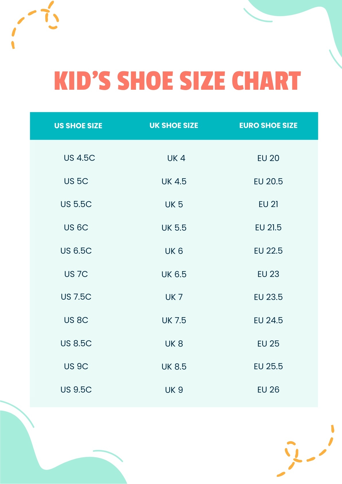 Printable Infant Shoe Outlet Size Chart
