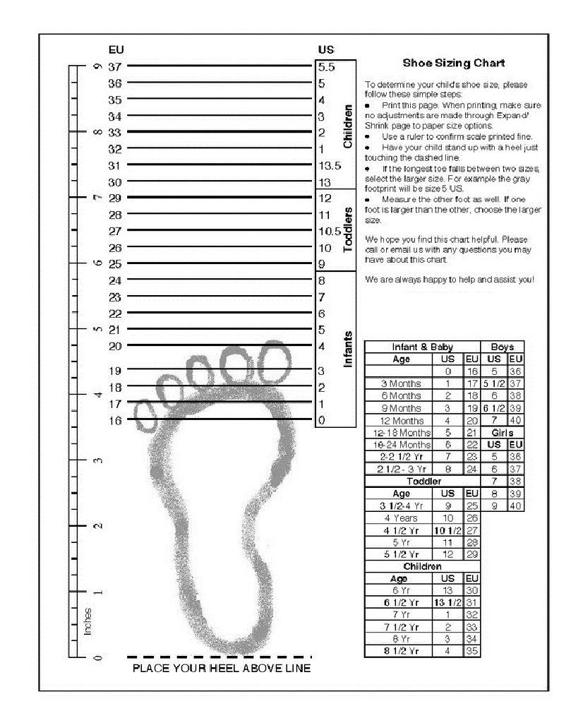 Printable Infant Shoe Outlet Size Chart