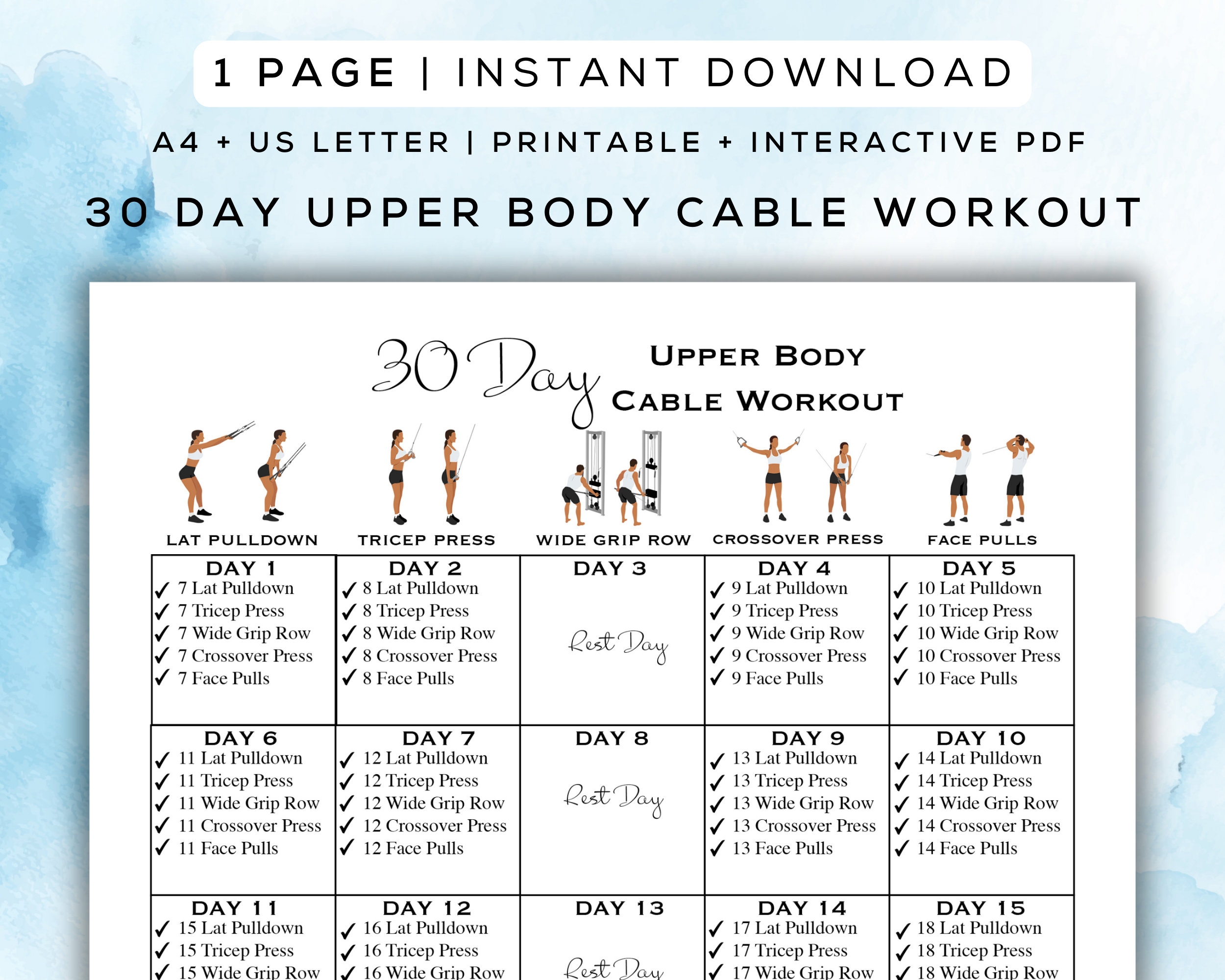 30 Day Upper Body Cable Workout Printable Infographics Included Easy To Follow Fitness Program Beginner Fitness Challenge A4 US Letter Etsy